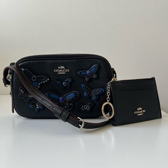 Coach Butterfly Applique Black Blue Butterfly Leather with cards, coins, id case - Picture 1 of 11